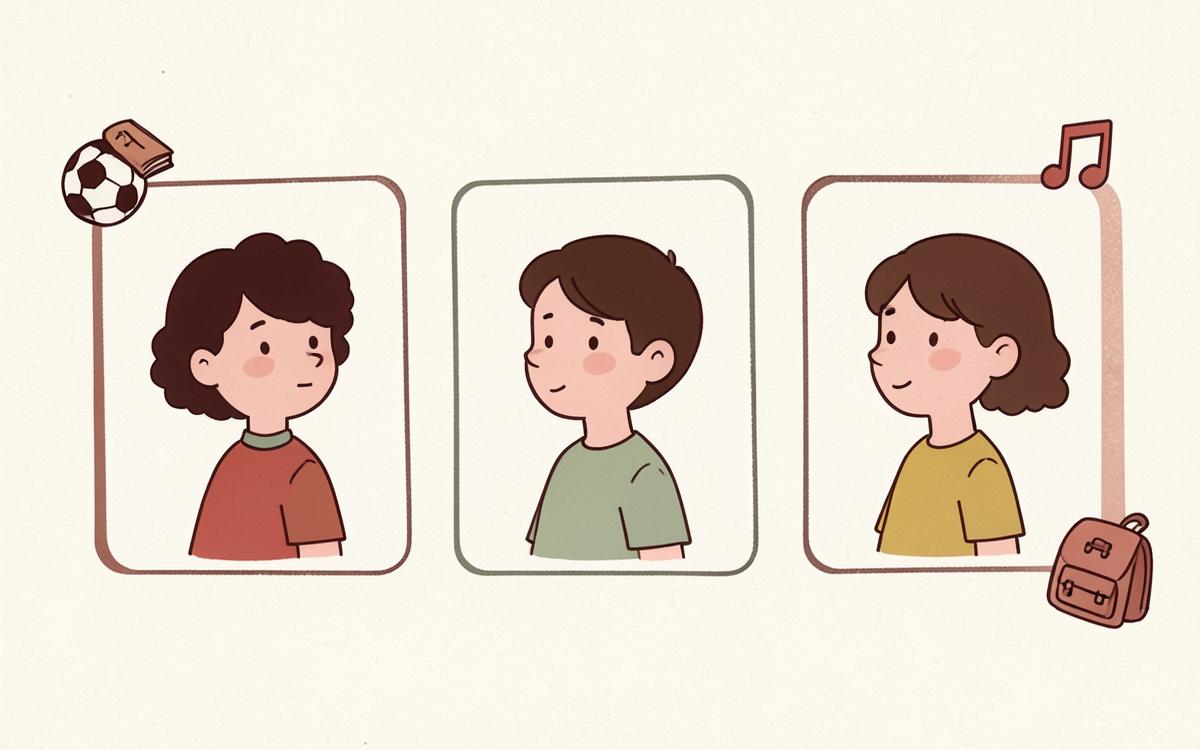 Illustration of three kid profile cards with soccer, music, book and backpack icons