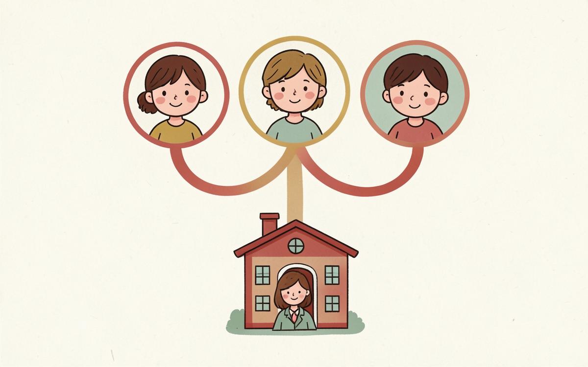 Illustration of three children's portraits linked by curved lines to their school and teacher